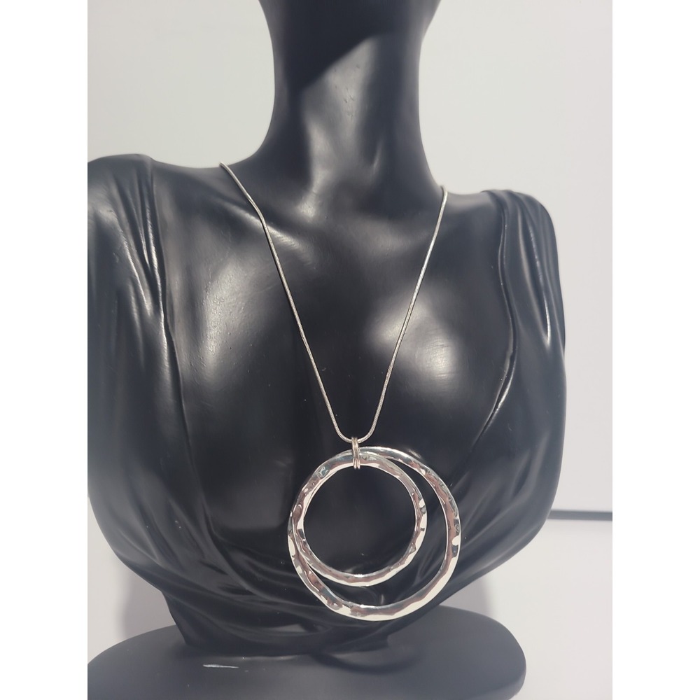 Silver Tone Hammered Double Circle Pendant Snake Chain Necklace